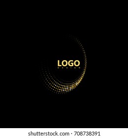 Golden mosaic curved shape. Vector halftone glittering ribbon. Dynamic elements for logo design. Applicable for web and print design