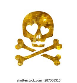 Golden mosaic faceted luxury skull in love ironic icon. Vector illustration.