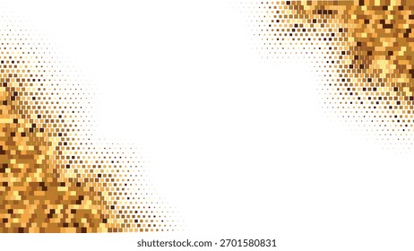 Golden mosaic halftone corner pattern, luxury abstract dotted design with glowing gradient texture, modern vector background for festive celebration and elegant concepts