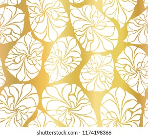 Golden mosaic leaves seamless vector background. White abstract leaf shapes on gold foil background. Elegant, luxurious pattern for wallpaper, scrap booking, banners, packaging, wedding, party, invite