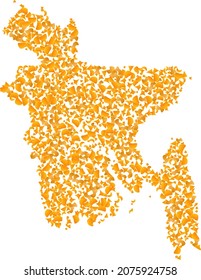 Golden mosaic Map of Bangladesh. Golden combination for map of Bangladesh. Vector collage of yellow detritus fragments. Mosaic map of Bangladesh is constructed with yellow fragments.
