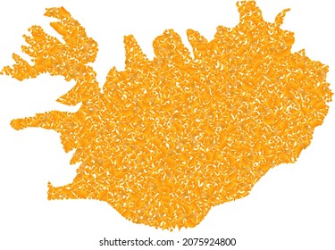 Golden mosaic Map of Iceland. Gold collage for map of Iceland. Vector collage of yellow spall elements. Mosaic map of Iceland constructed with yellow elements. Yellow color tints are used.