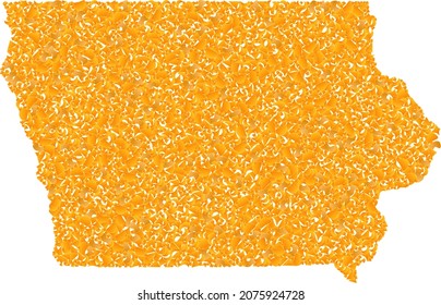 Golden mosaic Map of Iowa State. Golden collage for map of Iowa State. Vector mosaic of yellow shatter items. Mosaic map of Iowa State is constructed with yellow items. Yellow color tones are used.