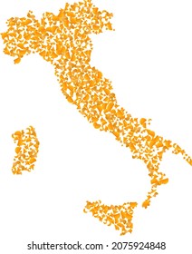 Golden mosaic Map of Italy. Golden composition for map of Italy. Vector collage of yellow spall items. Mosaic map of Italy designed with golden items. Yellow color tones are used.