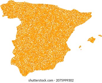Golden mosaic Map of Spain. Golden composition for map of Spain. Vector mosaic of yellow detritus items. Mosaic map of Spain is designed with yellow items. Yellow color tones are used.