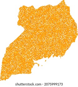 Golden mosaic Map of Uganda. Gold composition for map of Uganda. Vector mosaic of yellow shatter part. Mosaic map of Uganda designed with golden part. Yellow color hues are used.