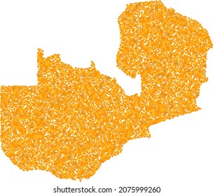 Mapa de mosaicos dorados de Zambia. Composición dorada para el mapa de Zambia. Mosaico vectorial de fracciones de chispa amarilla. Mapa mosaico de Zambia diseñado con elementos amarillos. Se utilizan tonos amarillos.