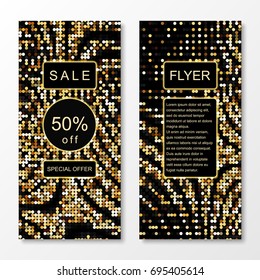 Golden mosaic patterned advertising leaflets. Can be used for business, holidays and sales