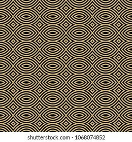 Golden mosaic seamless pattern. Vector abstract geometric ornament texture in Asian style. Ornament with thin curved lines, mesh, net, grid, lattice. Black and gold luxury background. Repeat design