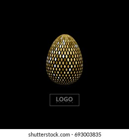 Golden mosaic spherical shape isolated on black background. Vector halftone glittering egg shape. Dynamic element for logo design. Applicable for web and print design. Business or social concept