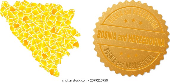 Golden mosaic of yellow for Bosnia and Herzegovina map, and golden metallic Bosnia and Herzegovina seal print. Bosnia and Herzegovina map mosaic is formed of random golden.
