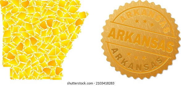 Golden mosaic of yellow elements for Arkansas State map, and golden metallic Arkansas seal. Arkansas State map mosaic is made of scattered gold.