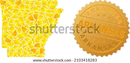 Golden mosaic of yellow elements for Arkansas State map, and golden metallic Arkansas seal. Arkansas State map mosaic is made of scattered gold.