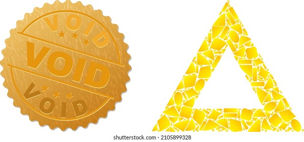 Golden mosaic of yellow elements for empty triangle icon, and golden metallic Void stamp seal. Empty triangle icon mosaic is created of scattered golden.