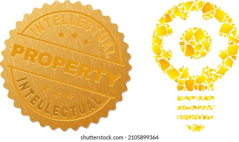 Golden mosaic of yellow elements for gear bulb icon, and golden metallic Intellectual Property seal imitation. Gear bulb icon mosaic is organized of randomized golden parts.