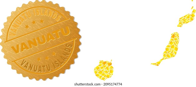 Golden mosaic of yellow elements for Las Palmas Province map, and golden metallic Vanuatu Islands stamp seal. Las Palmas Province map mosaic is designed of scattered golden spots.