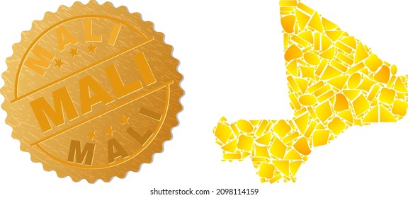 Golden mosaic of yellow elements for Mali map, and golden metallic Mali seal imitation. Mali map mosaic is formed of scattered golden.