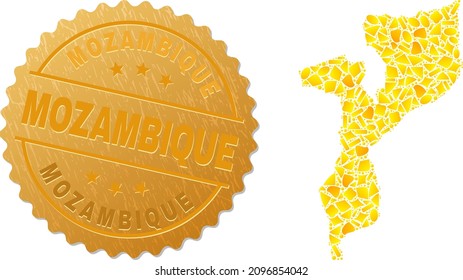 Golden mosaic of yellow elements for Mozambique map, and gold metallic Mozambique seal imitation. Mozambique map composition is designed from randomized gold elements.