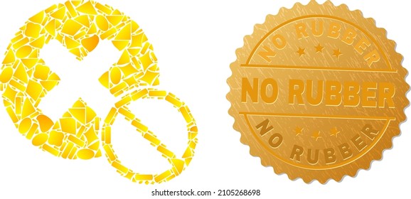Golden mosaic of yellow elements for not negative icon, and golden metallic No Rubber seal. Not negative icon mosaic is made of randomized gold elements.