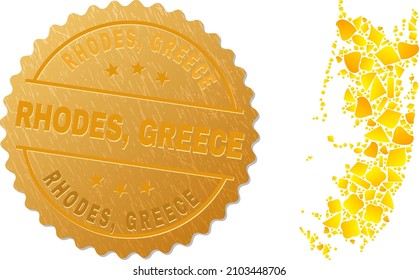 Goldenes Mosaik aus gelben Elementen für die Pemba-Inselkarte und goldene metallische Rhodes, Griechenland Stempel-Siegel. Pemba Inselkarte Mosaik ist aus zufälligen goldenen Elementen entworfen.
