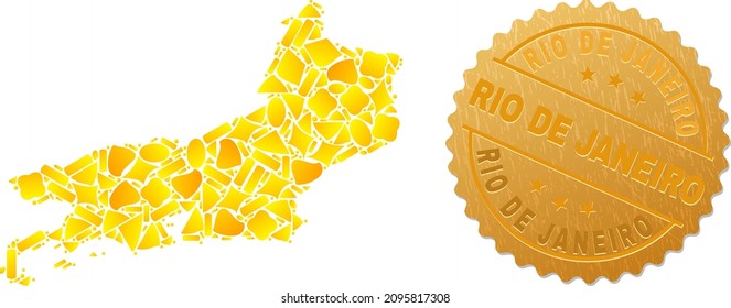 Golden mosaic of yellow elements for Rio de Janeiro State map, and golden metallic Rio De Janeiro seal imitation. Rio de Janeiro State map mosaic is organized with randomized gold.