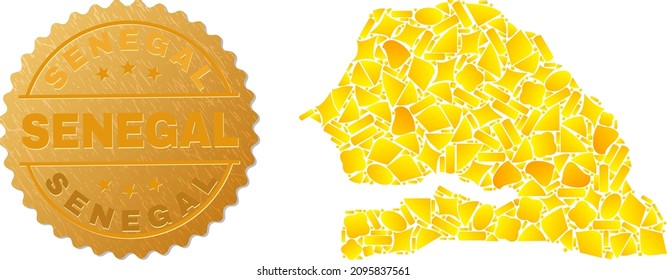 Golden mosaic of yellow elements for Senegal map, and golden metallic Senegal stamp seal. Senegal map mosaic is designed with randomized golden spots.