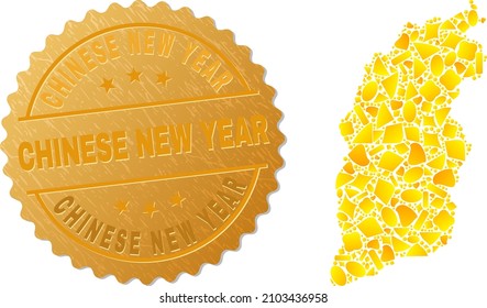 Golden mosaic of yellow elements for Shanxi Province map, and golden metallic Chinese New Year stamp. Shanxi Province map mosaic is composed of scattered golden particles.