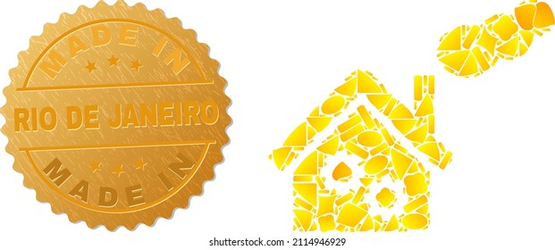 Golden mosaic of yellow elements for smoking factory icon, and golden metallic Made In Rio De Janeiro badge. Smoking factory icon composition is created of randomized golden elements.