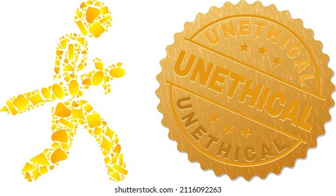 Goldenes Mosaik aus gelben Elementen für das Schwertraubsymbol und goldenes metallisches Unethisches Robbenimitieren. Das Mosaik der Schwertrobber besteht aus verstreuten goldenen Elementen.