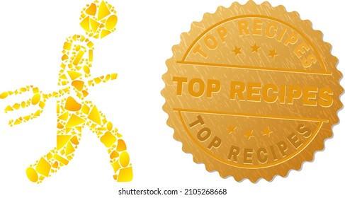 Golden mosaic of yellow fractions for fork robber icon, and golden metallic Top Recipes seal. Fork robber icon mosaic is created from scattered golden particles.