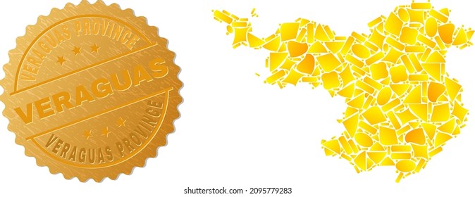 Golden mosaic of yellow fractions for Gerona Province map, and gold metallic Veraguas Province seal. Gerona Province map mosaic is organized of randomized golden items.