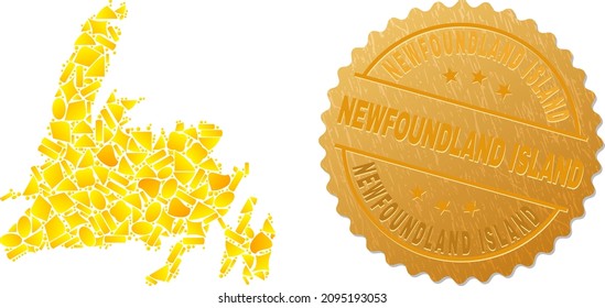 Golden mosaic of yellow fractions for Newfoundland Island map, and golden metallic Newfoundland Island seal imitation. Newfoundland Island map mosaic is composed of scattered golden.
