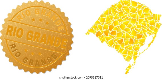 Golden mosaic of yellow fractions for Rio Grande do Sul State map, and gold metallic Rio Grande seal print. Rio Grande do Sul State map mosaic is composed of random gold parts.