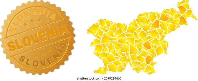 Golden mosaic of yellow fractions for Slovenia map, and golden metallic Slovenia seal imitation. Slovenia map mosaic is formed of random golden spots.