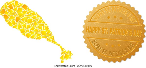 Golden mosaic of yellow fractions for St Kitts Island map, and golden metallic Happy St. Patrick'S Day stamp. St Kitts Island map mosaic is composed with random golden.