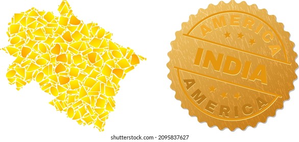 Golden mosaic of yellow fractions for Uttarakhand State map, and golden metallic America India stamp seal. Uttarakhand State map collage is created from random golden.