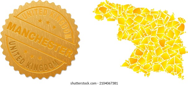 Golden mosaic of yellow fractions for Zamora Province map, and golden metallic United Kingdom Manchester seal. Zamora Province map mosaic is made with scattered golden elements.