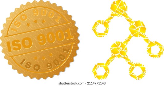 Golden mosaic of yellow items for binary nodes icon, and golden metallic ISO 9001 stamp seal. Binary nodes icon mosaic is designed with scattered gold parts.