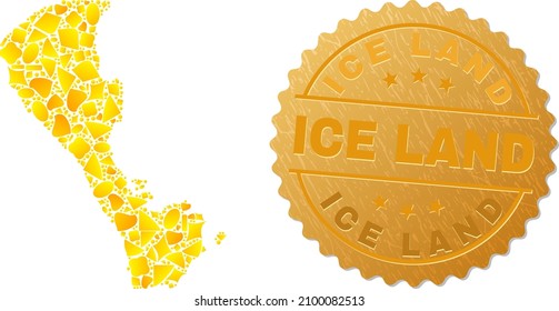 Golden mosaic of yellow items for Boracay Island map, and golden metallic Ice Land stamp. Boracay Island map mosaic is done of random golden elements.