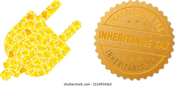 Golden mosaic of yellow items for electrical plugin icon, and golden metallic Inheritance Tax seal. Electrical plugin icon mosaic is created with randomized golden elements.