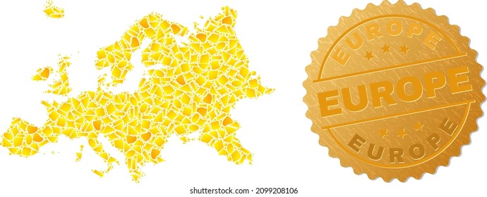 Golden mosaic of yellow items for Europe map, and golden metallic Europe stamp seal. Europe map mosaic is formed of scattered golden elements.