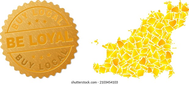 Golden mosaic of yellow items for Guernsey Island map, and golden metallic Buy Local Be Loyal seal print. Guernsey Island map mosaic is created of randomized golden parts.