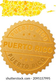 Golden mosaic of yellow items for Puerto Rico map, and gold metallic Puerto Rico seal imitation. Puerto Rico map mosaic is organized from random gold items.