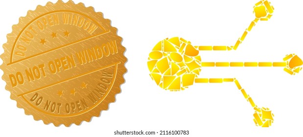 Golden mosaic of yellow items for sensor links icon, and golden metallic Do Not Open Window seal print. Sensor links icon mosaic is organized from randomized golden items.