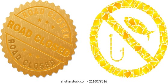 Golden mosaic of yellow items for stop fishing icon, and golden metallic Road Closed watermark. Stop fishing icon mosaic is designed with random golden items.