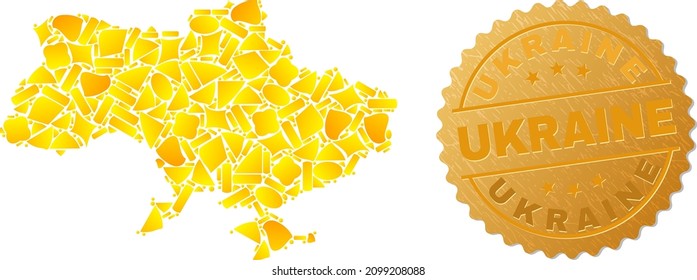 Golden mosaic of yellow items for Ukraine map, and gold metallic Ukraine stamp seal. Ukraine map mosaic is constructed from random golden items.