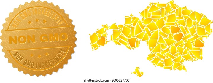 Golden mosaic of yellow items for Vizcaya Province map, and golden metallic Non GMO Ingredients badge. Vizcaya Province map mosaic is designed of randomized gold items.