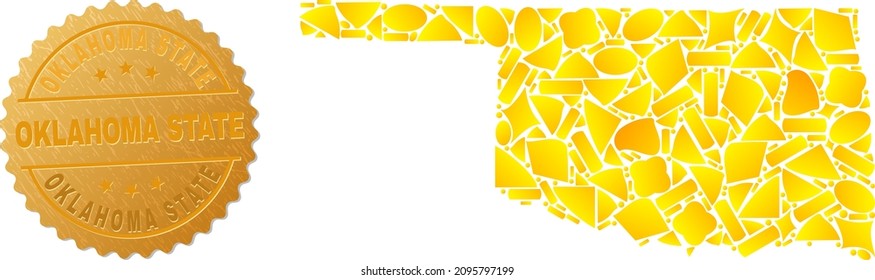 Golden mosaic of yellow for Oklahoma State map, and golden metallic Oklahoma State seal imitation. Oklahoma State map collage is constructed of randomized golden items.