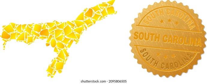Golden mosaic of yellow particles for Assam State map, and gold metallic South Carolina seal print. Assam State map mosaic is created with randomized gold spots.
