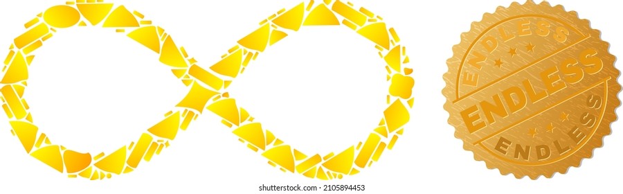 Golden mosaic of yellow particles for infinity icon, and golden metallic Endless stamp seal. Infinity icon composition is composed of scattered golden elements.